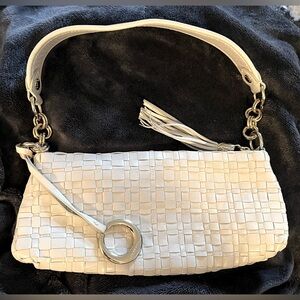 Elliott Lucca Leather Woven Hand Bag in Beige and Gold Not Used